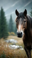 Horse standing majestically in a serene forest during the early morning with mist rising around the trees