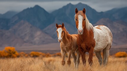Two horses standing together in a mountain landscape during autumn near an open field