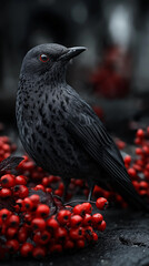 Blackbird and red rowan berries in autumn. 
