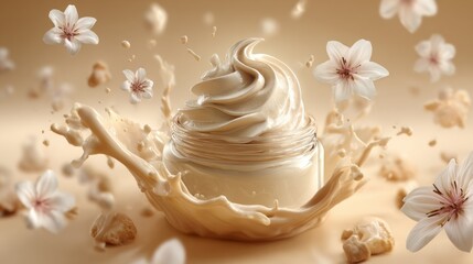 Creamy swirl of cream with blooming flowers surrounding. Perfect for representing purity and smoothness.
