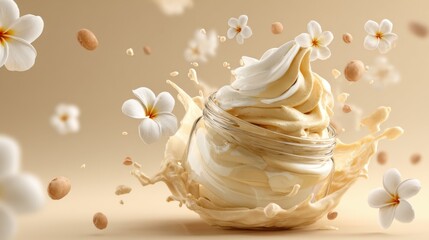 A jar of luxurious cream, with a delicate touch of flowers and seeds, floating in a splash, presenting a unique and artistic style