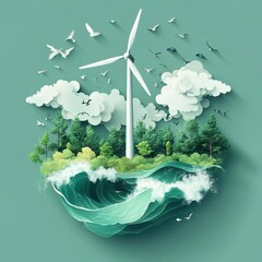 Wind turbine stands tall amidst greenery and waves with birds flying in a tranquil environment