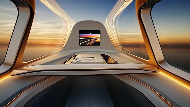 Futuristic transportation journey within a hyperloop pod with scenic sunset view