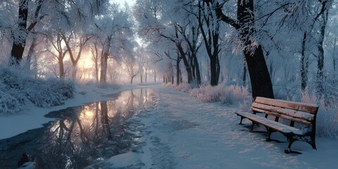 Winter landscape with snowy trees, frozen stream, and empty bench during sunrise in a serene park