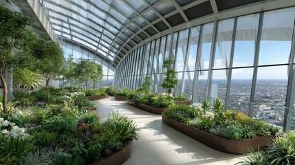 High-rise garden with cityscape view. A modern glass building showcases an elevated garden, boasting various plants and offering a stunning panoramic view of a city skyline. 