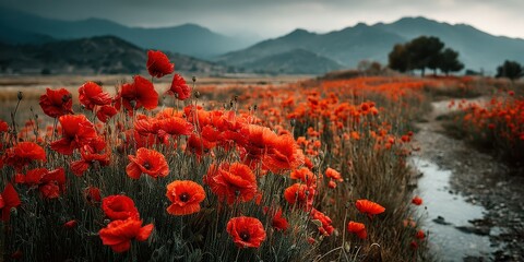 Vibrant poppy flowers bloom in a field surrounded by rolling hills under a cloudy sky during late afternoon