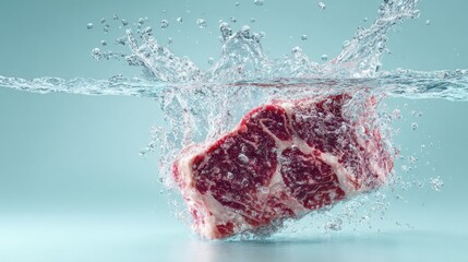 A piece of raw meat submerged in crystal clear water, with splashes around. The meat appears fresh and ready to be cooked.
