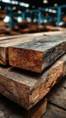 Close-up view of stacked wooden planks in a workshop showcasing unique grain patterns and textures in natural lighting