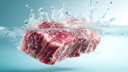 Fresh steak plunged into clear water creating a dynamic splash