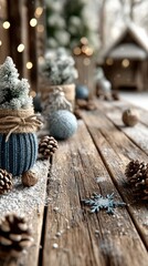 Winter decor on a wooden table with small trees and ornaments creating a cozy holiday atmosphere