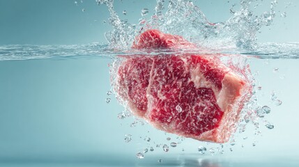 Raw beef steak splashing into water. Water droplets are visible, emphasizing the freshness and quality of the meat.