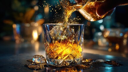 A refreshing drink being poured into a beautiful, crystal glass filled with ice cubes. The image captures the amber color of the liquid and the play of light on the glass and ice.