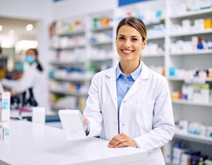 Female pharmacist selling prescribed medications at the drugstore - healthcare and medicine concepts.