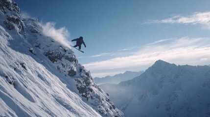 A skier performs an exhilarating jump off a snowy cliff, showcasing breathtaking mountain scenery. The skier's silhouette is stark against the bright, winter sky.