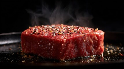 A sizzling, juicy steak on a hot pan, ready to be savored. The perfect sear and a sprinkle of seasonings promise a flavorful culinary experience