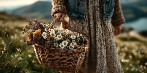 Woman collects wildflowers in a basket during golden hour in a scenic meadow