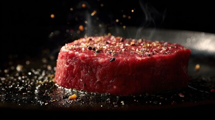 A sizzling piece of steak sprinkled with seasonings, fresh from the grill, capturing the essence of a culinary masterpiece