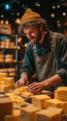 Cheesemonger expertly cuts cheese in a local artisan shop during the afternoon rush