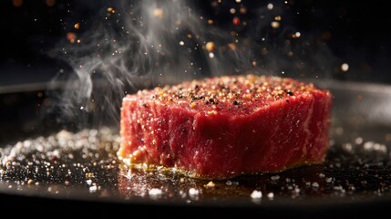 A succulent steak sizzles in a pan with salt, pepper, and herbs