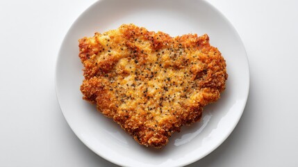 A close-up shot of a delicious fried chicken breast placed on a white plate. It's a crispy and appetizing image of a culinary delight