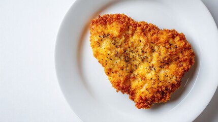 A delicious fried chicken cutlet on a white plate, cooked to perfection and ready to eat. The plate has a clean and minimalist design, providing a perfect presentation of the food