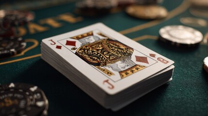 A deck of cards rests on a casino table, surrounded by poker chips. The jack of diamonds is visible on the top card.