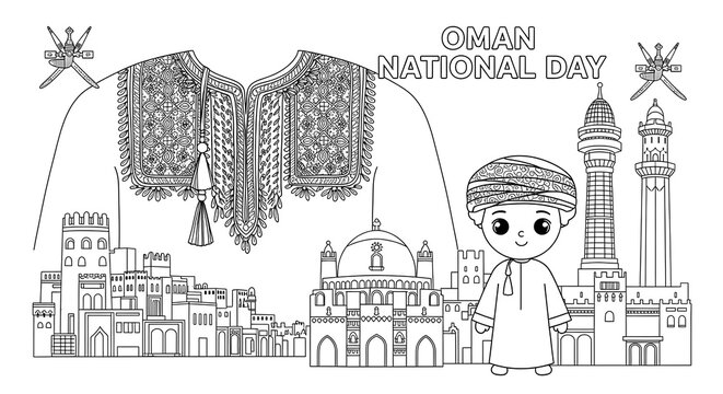 Oman national day celebration with traditional clothing and architecture isolated on transparent background