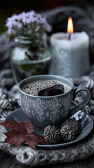 grey cup of coffee with autumn maple leaf, burning candle and flowers in the background.