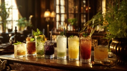 A collection of vibrant cocktails lined up on a bar, inviting a refreshing drink. The diverse drinks feature colorful garnishes, showcasing an array of flavors 