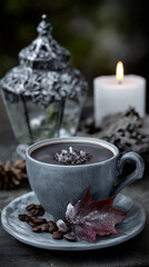 hot coffee, chocolate cup on the table with candle and autumn leaf. 