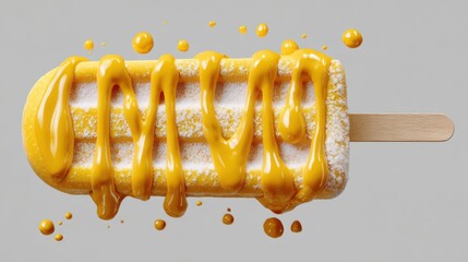 Delicious popsicle with golden topping, a sweet treat on a wooden stick. The golden syrup cascades down the ice cream