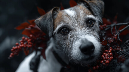 dog  standing outside in red berries in autumn. 