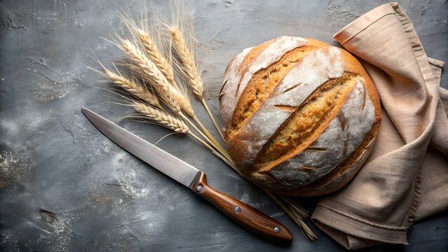 Artisan Bread Still Life with Wheat Stalks Knife and Linen Cloth on Dark Surface new 2025 trendy realistic photo, warm lighting, baking scene, top view, rustic style.
