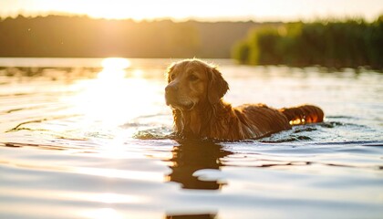 Golden Retriever swimming in lake at sunset