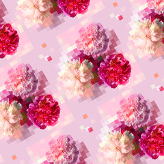 Seamless pattern with white, pink peony flowers on light pink background. Floral collage with pixel...