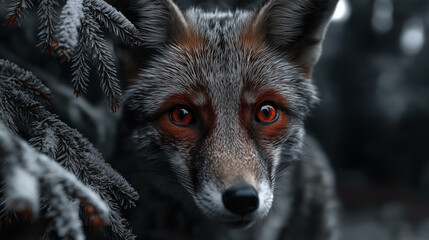 fox standing near the fir tree in the forest
