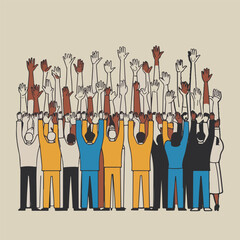 Solid color vector showing democratic empowerment: handshake, torch, courthouse, checklist, raised fists of diverse people, and globe breaking chains for freedom and equality.