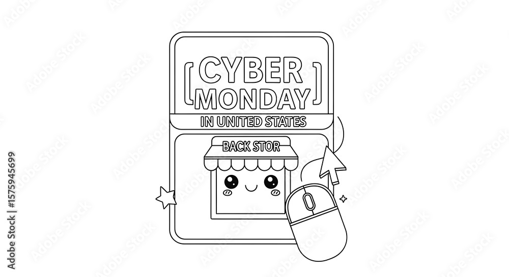 Fototapete Cute cartoon store with cyber monday text and computer mouse icon representing online shopping and deals isolated on transparent background