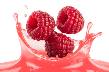 Crimson raspberries suspended in a captivating burst of sweet nectar a refreshing and visually appealing composition highlighting vibrant color and natural deliciousness perfectly isolated transparent