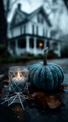 blue pumpkin and a white candle in the glass on the street with white wooden house in the background. 