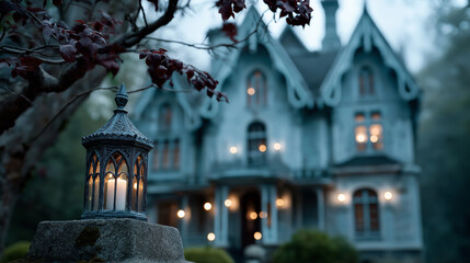 lantern with white candle outside on the stone platform and white wooden house in the background.