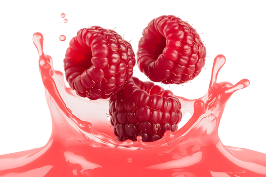 Crimson raspberries suspended in a captivating burst of sweet nectar a refreshing and visually appealing composition highlighting vibrant color and natural deliciousness perfectly isolated transparent