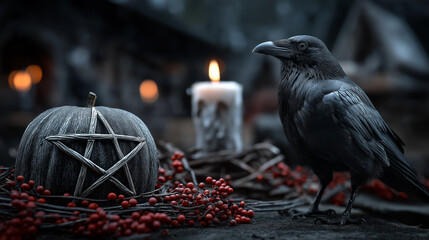Halloween pumpkin, candle and a crow.