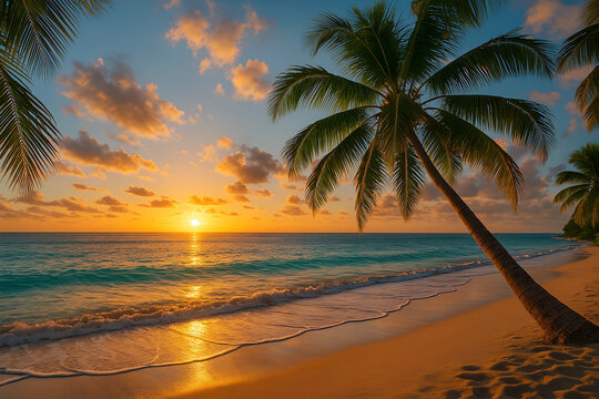 Sonnenuntergang am tropischen Strand mit Palmen und goldenen Wellen &ndash; perfekte Urlaubsidylle