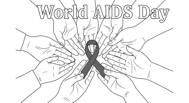 World aids day illustration with many hands reaching out to hold a red ribbon symbolizing support and awareness for hiv and aids isolated on transparent background - Powered by Adobe