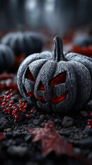 Scary Halloween pumpkin decoration with red light inside of it. 