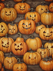 Seamless Halloween Pumpkin Pattern on Rustic Wood Texture &ndash; Cozy Autumn Wallpaper with Jack-o'-Lanterns and Earthy Tones