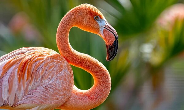 A close-up of a flamingo with striking orange-pink plumage and a graceful, curved neck, set against a soft green backdrop