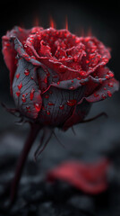 red rose with red fire flames on the dark grey background.