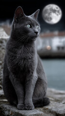 grey cat on the city street near the river at night with full moon in the sky.